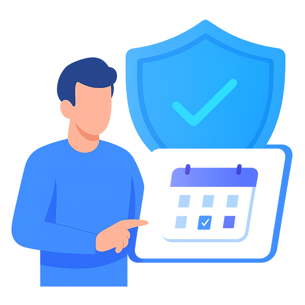 Mentor pointing at a booking calendar next to a security shield